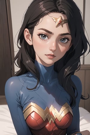 (best quality, masterpiece, perfect face) beautiful hair, 18 years old girl, medium tits, wonder woman suit cosplay, flirting on camera