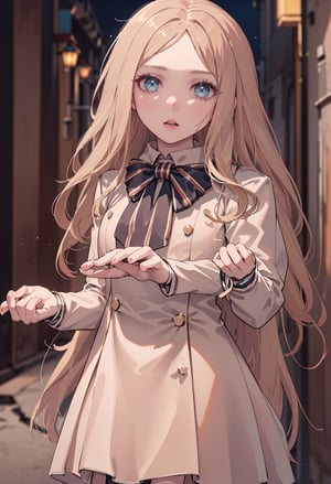 ,(looking at viewer),(cowboy shot dynamic pose:1.22),M3GEN/(Robot Girl/), 1girl, solo, long hair, blonde hair, realistic, blurry, blue eyes, bow, photo inset, upper body, bowtie, parted lips, ribbon, lips,detailed shiny skin,perfect and very white teeth,finely detailed beautiful eyes,Ultra-fine facial detail,eyelashes,Glossy pink lips,(detailed The dark and terrifying alleys background:1.4),outdoors,(day:1.33),depth of field,intricate,elegant,highly detailed,digital photography,masterpiece,hdr,,
