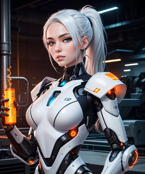 woman in her 20s, Korean, (perfect face), defined jawline, beautiful lips, (beautiful bright blue eyes), (white hair, ponytail), (perfect anatomy), (athletic body), (sexy), (perfect hands), (intricate geometric robotic white body armor, orange and gunmetal accents), (looking at viewer), (medium shot photograph), (futuristic industrial factory background), lyco:Robotaction:0.8, photorealistic
