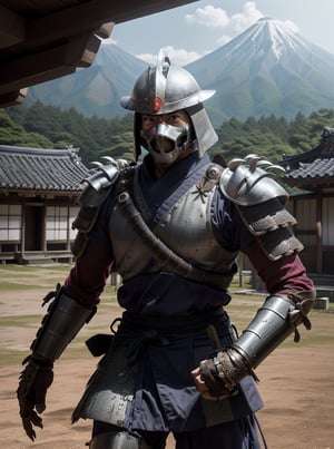 (cinematic:1.3), ((on a battlefield in Japan, rural japan, trees, japanese mountains, battle, landscape, ancient japanese huts, japanese temples in distance, ancient japan war, bokeh, realistic lighting, ray tracing, bloom:1.4)), ((masterpiece, best quality, highres, absurdres)), a high resolution RAW photo of ((a TMNTShredder 1man armored samurai knight with claw gauntlets)), lora:90sTMNT_Shredder:0.4, ((wearing full samurai armor with pauldrons and metal samurai helmet with mask)), ((muscular, fitness physique)), atmospheric, ((photorealism, photorealistic:1.4)), 8k, highly detailed, intricate detail
