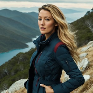 a photo of blake lively, ohwx woman, on a mountain, wearing a jacket, best quality, cinematic lighting
