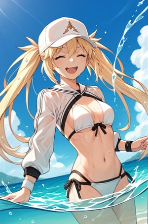 1girl, blonde hair, long hair, green eyes, twintails, swimsuit, white bikini, baseball cap, cropped jacket, shrug \(clothing\), long sleeves, wristband, smile, submerged, dutch angle, cowboy shot, beach, sea, splashing, closed eyes, smile, open mouth, sweat, wet, looking at viewer,  lora:Castoria:0.8, score_9, score_8_up, score_7_up, score_6_up, score_5_up, score_4_up, BREAK source_anime, masterpiece
