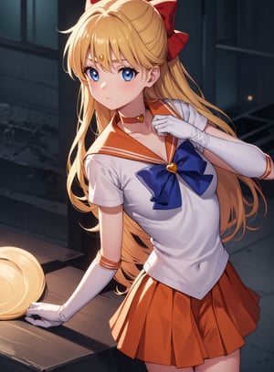 sailorvenus, ,sailor venus, blonde hair, blue eyes, bow, hair bow, half updo, long hair, red bow, tiara,
BREAK back bow, choker, elbow gloves, gloves, jewelry, magical girl, orange choker, orange sailor collar, orange skirt, sailor collar, sailor senshi uniform, school uniform, serafuku, skirt, white gloves,
BREAK outdoors, night, sky, star \(sky\), moon,
BREAK looking at viewer, (cowboy shot:1.5),
BREAK, (masterpiece:1.2), best quality, high resolution, unity 8k wallpaper, (illustration:0.8), (beautiful detailed eyes:1.6), extremely detailed face, perfect lighting, extremely detailed CG, (perfect hands, perfect anatomy),
