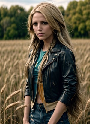 raw photo, fashion photography of cute (Belén Rodríguez), long, blonde hair, wearing leather jacket and ripped jeans, wheat field, picturesque, rural background, upper body shot,sharp, colorful, ultra realistic, cinematic, blue and yellow:0.85)