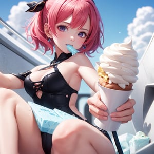 masterpiece, best quality,  8k,1girl, lora:aimingAtViewer_v1:1,aiming at viewer,holding soft ice cream,Bring the soft serve ice cream to your mouth with one hand
