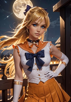 sailorvenus, ,sailor venus, blonde hair, blue eyes, bow, hair bow, half updo, long hair, red bow, tiara,BREAK back bow, choker, elbow gloves, gloves, jewelry, magical girl, orange choker, orange sailor collar, orange skirt, sailor collar, sailor senshi uniform, school uniform, serafuku, skirt, white gloves,BREAK outdoors, night, sky, star \(sky\), moon,BREAK looking at viewer, (cowboy shot:1.5),BREAK , (masterpiece:1.2), best quality, high resolution, unity 8k wallpaper, (illustration:0.8), (beautiful detailed eyes:1.6), extremely detailed face, perfect lighting, extremely detailed CG, (perfect hands, perfect anatomy),