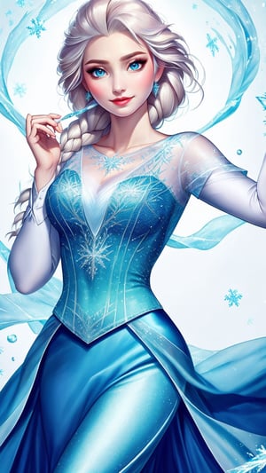 elsa, elsa from frozen, (blue dress), 1girl, holding a magic ice spell, wearing a mechanical mask, (gl1chr03:0.75), (masterpiece, best quality, good quality:1.4), masterpiece, intricate details,  (shirt:1.5), (white shirt), pants, skirt, cute face, detailed face, shaded face,  
,Elsa