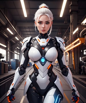 woman in her 20s, Korean, (perfect face), defined jawline, beautiful lips, (beautiful bright blue eyes), (white hair, ponytail), (perfect anatomy), (athletic body), (sexy), (perfect hands), (intricate geometric robotic white body armor, orange and gunmetal accents), (looking at viewer), (medium shot photograph), (futuristic industrial factory background), lyco:Robotaction:0.8, photorealistic
