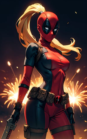 masterpiece, best quality, highres, contrapposto,
BodySuit_lady_deadpool_ownwaifu,
1girl, mask, blonde hair, ponytail, long hair, large breasts, no pupils, 
bodysuit, skin tight, superhero, belt pouch, utility belt, red bodysuit, gloves, weapon on back, thigh pouch, thigh strap, thigh holster, belt buckle, turtleneck, 
 ,
light particles, depth_of_field, scenery, night, aerial fireworks, solo, cowboy shot, looking at viewer,
