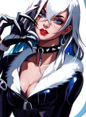 masterpiece, best quality,upper body, solo, absurdres,scenery,  , felicia_blackcat_aiwaifu,long hair,mask,white hair,bodysuit,domino mask,gloves,choker,lipstick,blue eyes,makeup,white gloves,collar,lips,superhero,black bodysuit,fur trim,cleavage,large breasts,collarbone,skin tight,zipper,spiked collar,unzipped,red lips,jewelry,black choker,claws,latex,shiny,center opening,very long hair,            ultra specular detailed, amazing artwork,intricate details,light,attractive, intricate detailed blurry_background,(well defined perfect hands, high detailed skin,detailed face:0.3), (scenery, golden_ratio,highres, incredibly_absurdres:0.2),(scenery,sidelighting,masterpiece:0.5),
