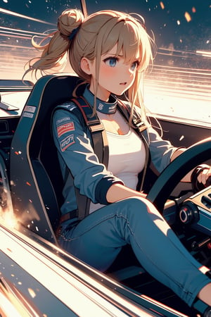 (((masterpiece))), (((best quality))), (((from front))), (((driving a formula racing))), ((fingers on (steering wheel))), sitting on cockpit, sharp eyes, helmet, dark gray jacket, gray uniform, speed lines, electric current, spiral wind, neon lights, dust, spark, shards, 1girl, big tits, blonde twinbun hair, sweat, slim figure, big turn, lora:girllikeformularacing_v20:1
