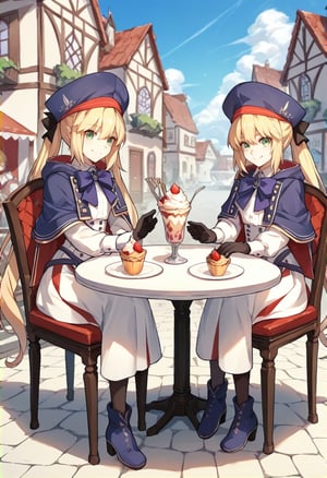 2girls, blonde hair, long hair, green eyes, twintails, white shirt, blue beret, white skirt, blue cape, blue ribbon, black gloves, pantyhose, blue boots, smile, bragging, parfait, chair, table, full body, twins, sitting, town lora:Castoria:1, score_9, score_8_up, score_7_up, score_6_up, score_5_up, score_4_up, BREAK source_anime, masterpiece
