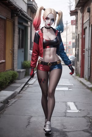 masterpiece, best quality, 1girl, solo, highres,   lora:pikkyharleyquinn-10:0.8,  scenery,
pikkyharleyquinn, two-tone hair,multicolored hair,blonde hair,breasts,makeup,twintails,blue eyes,lipstick,gloves,shorts,cleavage,navel,midriff,gradient hair,short shorts, pantyhose, choker,hair,eyeshadow,colored skin,pale skin,multicolored clothes,jacket,belt, crop top,open jacket,star (symbol),open clothes,lips,
,pikkyharleyquinn