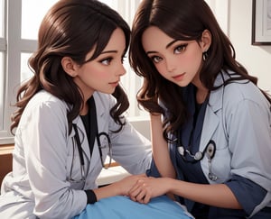 (high quality) (accurated details) (insanely detailed) A scene where an happy family doctor takes care of her little girl (the father is an handsome doctor with short brown hair and dark brown eyes,) (((the mom a beautiful girl with absurd long wavy brown hair and dark eyes,)))( the girl is with absurd long wavy brown hair and dark brown eyes) he takes care of her listening with a realistic stethoscope her heart.
