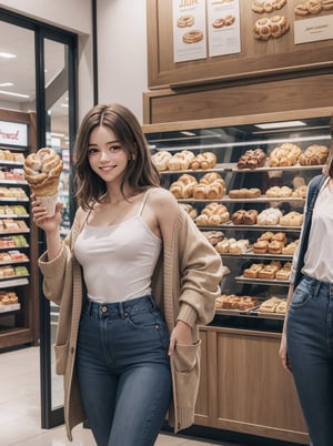 lora:Julia:.8, long brown hair, brown eyes,slender, wearing casual clothing, long cardigan, jeans, looking at viewer, smiling, happy, 
standing, inside a shopping mall, holding a pastry, cinnamon roll, crowd, bright lighting, extreme detail, masterpiece,
