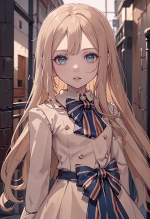 ,(looking at viewer),(cowboy shot dynamic pose:1.22),M3GEN/(Robot Girl/), 1girl, solo, long hair, blonde hair, realistic, blurry, blue eyes, bow, photo inset, upper body, bowtie, parted lips, ribbon, lips,detailed shiny skin,perfect and very white teeth,finely detailed beautiful eyes,Ultra-fine facial detail,eyelashes,Glossy pink lips,(detailed The dark and terrifying alleys background:1.4),outdoors,(day:1.33),depth of field,intricate,elegant,highly detailed,digital photography,masterpiece,hdr,,