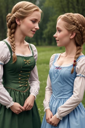 wetshirts, two young peasant women wearing traditional dirndl dresses, Elsa and Anna, updo, riverbank, Wetshirt, close-up, 2girls
