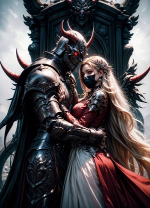 (masterpiece, top quality, best quality, official art, beautiful and aesthetic:1.2), extreme detailed, (fractal art), (a beautiful women next to a male demon:1), (1girl +1man), (demon man in armor wearing a mask next to a maiden), epic, love, emotional, embrace, closeup, very long white flowy hair, with sword, standing next to throne, side view, black and red, dress, black clothes, detailed long sleeves, large demon behind girl, highest detailed
