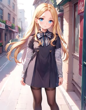 score_9, score_8_up, score_7_up,score_6_up, score_5_up, score_4_up,M3GAN, 1girl, long hair, blue eyes, blonde hair, parted bangs, split bangs, black pantyhose, black dress, long sleeves, striped sleeves, bow, black shoes, in the detailed burning city streets, 