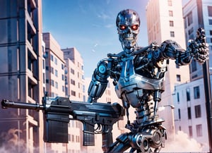 t800endoskeleton, skull face, red eyes, robot,  holding weapon, weapon, holding ,aiming,  outside, city roof, blue sky,  lora:T800Endoskeleton:.8, T800Endoskeleton