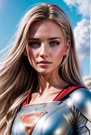 Closeup fullbody portrait of (teeny) Supergirl, blonde long hair flying in the skyes, intricate background, atmospheric scene, masterpiece, best quality, (detailed beautiful face, detail skin texture, ultra-detailed body:1.1), fantasy, feminine+, shiny wet skin, looking at viewer, modelshoot style, (extremely detailed CG), photo of beautiful artwork, High Detail, Sharp focus, dramatic+, (photorealistic), Intricate, handsome, (((film grain)))