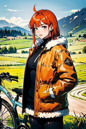 (best quality, masterpiece:1.1),   cowboy shot,     (1female), easygoing face, orange hair, very long hair, spiked hair,        (Shearling Oversized down jacket), (Shearling Oversized puffer jacket), (winter clothes), ((bikes), countryside, pastoral, fields, farms alder),
