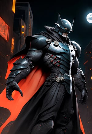 1boy,armor, crown, black cape, in dynamic pose,dynamic angle, shoulder armor, upper armor, helmet, headgear, mechanical jawcityscape, strong rim light, absurdres, 1boy, (at night:1.4), dark alley, moon, BREAK grey (android (batmanwholaughs:0.8)) in (matte black hardsuit:1.2), military, roughed up, mechanical arms, city fog, (glowing white eyes)  lora:nijiarmor_v2:0.9, lora:BatmanWhoLaughs:0.5