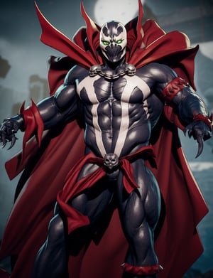 spawn, male focus, solo, glowing eyes, glowing, muscular, abs, red cape, skull, green eyes, chain, muscular male, looking at viewer, pectorals, loincloth, gauntlets, skull mask, claws  lora:spawn:1
