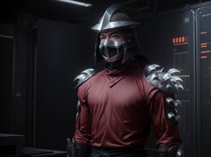 (cinematic:1.3), ((in a futuristic research facility, computers, futuristic machines, futuristic lights, bokeh, realistic lighting, ray tracing, bloom:1.4)), ((masterpiece, best quality, highres, absurdres)), a high resolution RAW photo of ((a TMNTShredder 1man armored samurai knight)), , ((wearing a red-purple outfit with pauldrons and metal samurai helmet with mask)), ((muscular, fitness physique)), atmospheric, ((photorealism, photorealistic:1.4)), 8k, highly detailed, intricate detail
