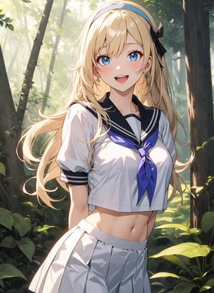 1girl,smile,honkai impact 3rd,hoyun,white serafuku,white shirt,stomach,elysia (honkai impact),skirt,white skirt,detailed forest background,purple neckerchief,arms behind back,highres,midriff,1girl, d,cowboy shot,looking at viewer,honkai (series),solo,white hairband,neckerchief,puffy sleeves,shirt,deep forest background,miniskirt,short sleeves,crop top,puffy short sleeves,pleated skirt,navel,commentary request,long hair,very long hair,hairband,school uniform,serafuku,standing,open mouth,blue eyes, blonde hair,