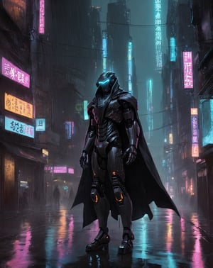 concept art matte paintingin the rainy streets of a cyberpunk city at night domination of a tall dark robot wind sorcerer with glowing eyes and a cape Artstation,Greg Rutkowski
