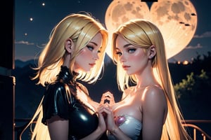 (masterpiece, best quality), unity 8k wallpaper, ultra detailed, beautiful and aesthetic, (photorealistic:1.2), perfect lighting, (2 girls forming a heart shape together with their hands:1.15), large breasts, cleavage, looking at viewer, outside, full moon, beautiful night sky, sultry look, seducing grin BREAK short hair, blonde hair, laced hair, beautiful blue eyes BREAK blonde hair, mid parted hair, straight hair, long hair, pronounced blush, beautiful green eyes  
