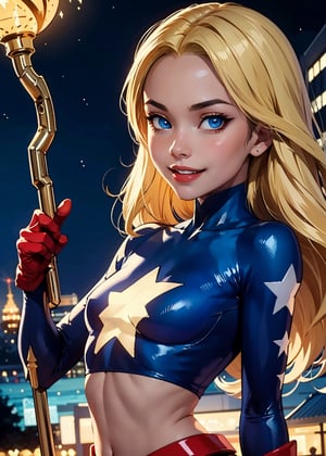 stargirl_dc, blonde hair,blue eyes,tight clothing, midriff, petite body, briefs, looking at viewer, serious, smiling, holding a cosmic staff, 
outside, park, night, extreme detail, masterpiece, beautiful quality, lora:stargirl_DC_v1:.7
