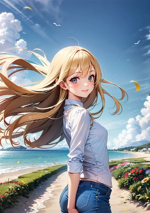 flower garden, 1girl, short jeans and white blouse, from side, smile, white long hair, expressionless, spanking,
 blue sky, wind, floating hair, long blonde hair, in the beach