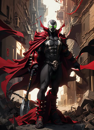 spawn2023, helmet, long red collar, red cowl, red cape, chains, skulls, glowing green eyes, red gauntlets, spikes, dramatic lighting, hyper realistic, raw image, 8k, muscular, uhd, best quality, award winning photo, rtx on, unreal engine 5, full body, wide angle shot, head to toe, gothic city, superhero pose, absurdres, long cape, large red boot, large gauntlet, flowing cape, round axe, asymmetrical red armor,
