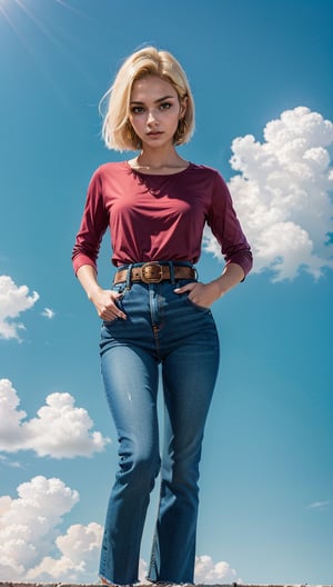 (masterpiece, best quality), android18, earrings, denim, belt, lora:android_18:1, outdoor, day, cloud, cloud day, sky, blue sky,
,Android_18_DB,and18, 1girl,androide18