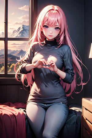 two girls, closed together, (masterpiece, best quality, unity 8k wallpaper, highres), ambient light, (super_beautiful_detailed hair face eyes mouth skin, slender:1.4), (perfect hands, perfect anatomy), BREAK
 1girl, solo, (pink long hair:1.3), vely-long-sagging small-breasts, horizon, sweater, cloud, cloudy sky, evening, mountain, mountainous horizon, sky, sunset, window, in bedroom, on bed, (cowboy shot:1.3), light smile, looking at viewer, blink, sitting