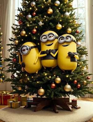 ((((masterpiece)), photographic)), professional detailed, ultra high detail, sharp, fracolor, insanely detailed,
3 minions laughing and dancing under the Christmas tree of decorations
, professional, highly detailed, ,MinionStyle