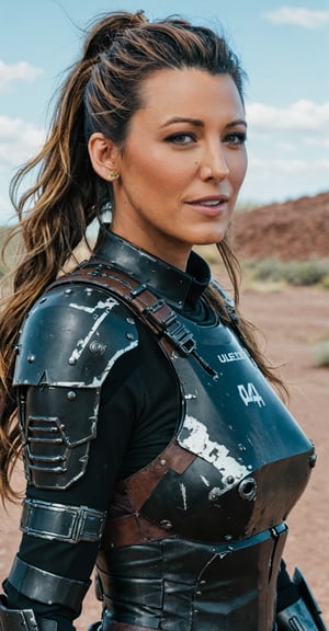 blake lively,ohwx woman,happy,color graded cinematic,high quality photography,brown hair,two-tone hair,black hair,ponytail,wasteland,armor,power_armor,skin pores,4k textures,4k resolution,DLSR,Canon EOS R3,,
