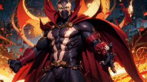 (masterpiece:1.2, best quality:1.2), ((masterpiece)), (((best quality))), ((ultra-detailed)), ((illustration)), (male), lyco:spawn-000020:1.0, (spawn, red cape, chains, green eyes), mask, white markings, full black suit, chaos, super wide angle shot, ((standing over an army of demons, armies of hell, a legion of souls))