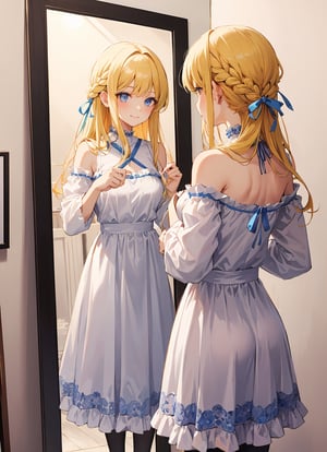  mirror,, ultra detailed, masterpiece, best quality, solo, soft smile, light smile,
1girl, blue eyes, very long hair, blonde hair, long blonde hair, french braid, bangs, medium breasts,
hair ribbon, frilled choker, criss-cross halter, sleeveless dress, high-waist skirt, backless dress, waist bow, detached sleeves, frilled sleeves, wide sleeves, pantyhose, patterned legwear, mary janes,
