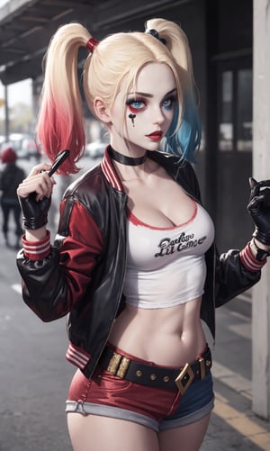 masterpiece, best quality, 1girl, solo, highres,   lora:pikkyharleyquinn-10:0.8,  scenery,
pikkyharleyquinn, two-tone hair,multicolored hair,blonde hair,breasts,makeup,twintails,blue eyes,lipstick,gloves,shorts,cleavage,navel,midriff,gradient hair,short shorts,choker,hair,eyeshadow,colored skin,pale skin,multicolored clothes,jacket,belt,crop top,open jacket,star (symbol),open clothes,lips,
,pikkyharleyquinn