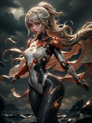 absurdres, best quality, 2girl, lesbian twin sisters, hugging, eye focus, looking at viewer,   , samus aran, ponytail, hair tie, white gloves, white bodysuit, futuristic knight, (silver, long hair), mecha girl, mechanical parts, under the water, Expressive Hues, Vibrant Palette, Black and white clothes, ironman suit  , , fishnets, floating hair,  , striking  , succubus, ethereal background, (dramatic angle, dynamic pose),     , storm, lightning, wet hair,  , rain, wet body, wind, , cyborg shark
