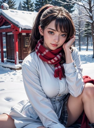 (Best quality, 8k, 32k, Masterpiece, UHD:1.2),Photo of Pretty european woman, stunning, 1girl, (medium dark blonde ponytail), double eyelid, natural medium-large breasts, slender legs, tall body, soft curves, white coat, knit dress shirt, checkered skirt, red scarf, snow heeled boot, sitting on stairs on shrine, snowy shrine, heavy snow on shrine, fashion model posing, unforgettable beauty, look at viewer, sexy smile, closed to up, lifelike rendering, detailed facial features, detailed real skin texture, detailed details 