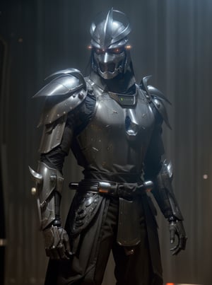 (cinematic:1.3), ((in a futuristic research facility, computers, futuristic machines, futuristic lights, bokeh, realistic lighting, ray tracing, bloom:1.4)), ((masterpiece, best quality, highres, absurdres)), a high resolution RAW photo of ((a TMNTShredder 1man armored samurai knight with claw gauntlets)), , ((wearing futuristic mecha armor with pauldrons and metal samurai helmet with mask)), ((muscular, fitness physique)), atmospheric, ((photorealism, photorealistic:1.4)), 8k, highly detailed, intricate detail
