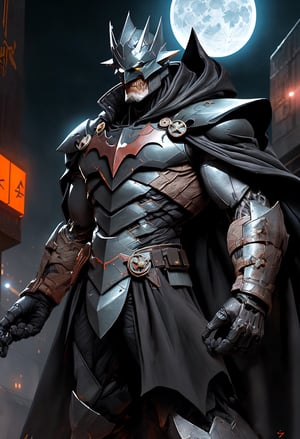 1boy,armor, crown, black cape, in dynamic pose,dynamic angle, shoulder armor, upper armor, helmet, headgear, mechanical jawcityscape, strong rim light, absurdres, 1boy, (at night:1.4), dark alley, moon, BREAK grey (android (batmanwholaughs:0.8)) in (matte black hardsuit:1.2), military, roughed up, mechanical arms, city fog, (glowing white eyes)  lora:nijiarmor_v2:0.9, lora:BatmanWhoLaughs:0.5