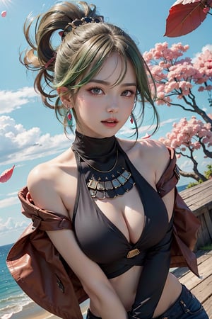 (masterpiece,best quality,ultra high res:1.1),(photo-realistic:1.2),
-
1girl,(beautiful face,exquisite face,ulzzang6500V:1.2),(wet skin:1),
solo,long hair,(floating hair,wind hair,gale,skin texture:1.2),nsfw,
-
(full body,from above:0.8),(armlet,jewelry,necklace,filigree,earrings),
(open clothes,chest cutout,plunging neckline,low neckline:1.1),
-
(horizon:1.2),(longView,huge falling petals:1.5),(simple sky:1.6),
-
lora:shinobukukiV1:1,(shinobu kuki,green hair,ponytail,turtleneck,black top,bare shoulders,black gloves,jacket,coat,fishnet,hair ornament,armor,midriff,shorts:1.3)
