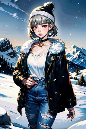 (best quality, masterpiece:1.1),   cowboy shot,     (1female), confused face, golden hair, absurdly short hair, blunt bangs,        bar earrings, black faux fur jacket, distressed boyfriend jeans, white ankle boots, black beanie hat, silver choker necklace, ( snowy mountaintop, winter clothes, standing on a rock),
