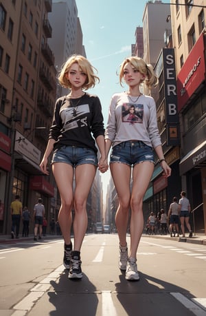 swedish girl, beautiful face, blonde, torn shirt and denim shorts , long legs, sweating through, Nice warm colors,2 girl, twin sisters, closed together, walking, hand in hand, smile, city background, Best Quality, masterpiece, new york city_background, full body, perfect body,Grt2c,dabuFlatMix_v10.safetensors