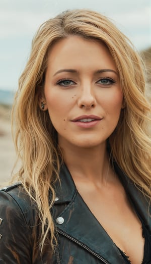 blake lively,ohwx woman,happy,color graded cinematic,high quality photography,light blonde hair,wasteland,leather jacket, 4k textures,4k resolution,DLSR,Canon EOS R3, lora:blakelively_SDXL:0.8,
